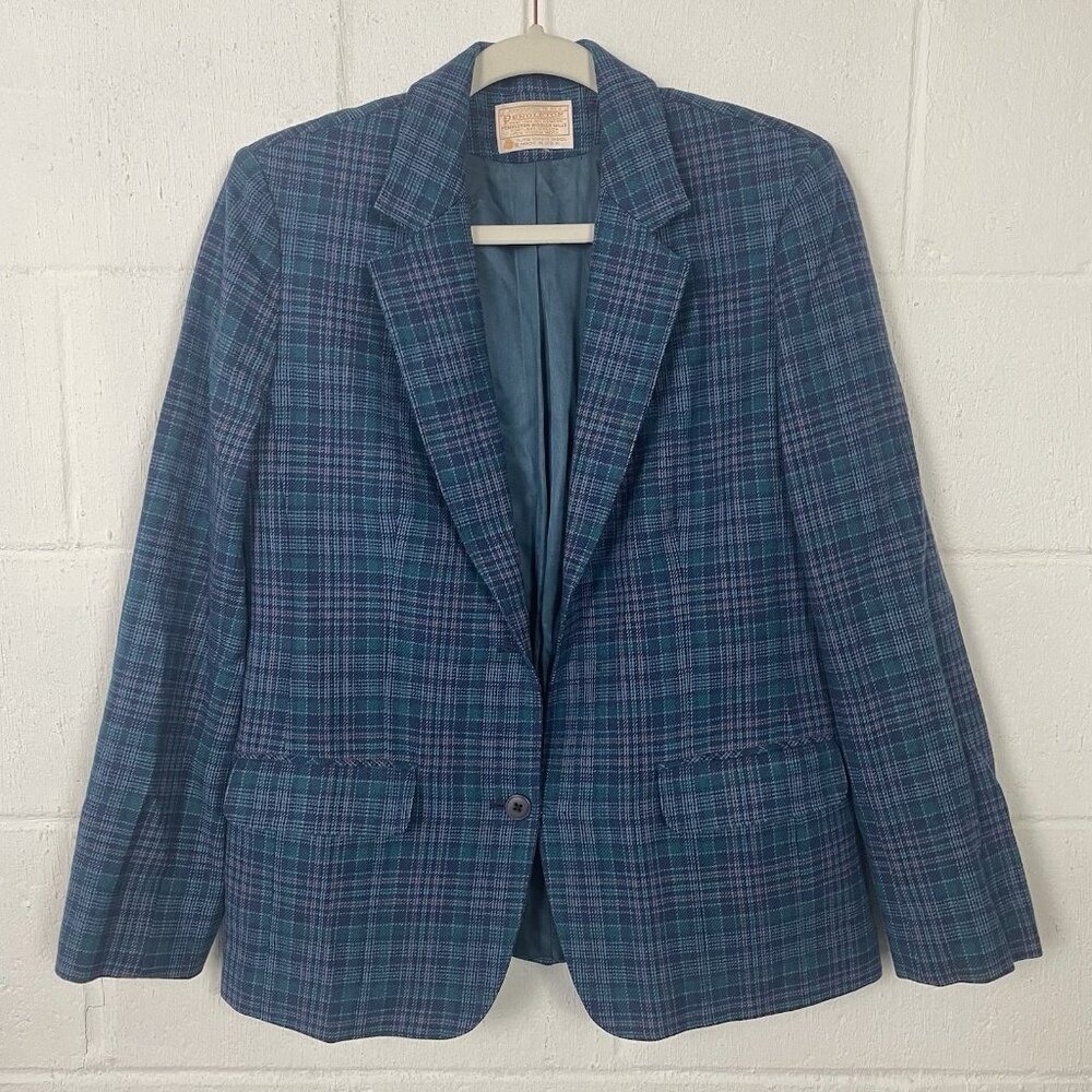 Vintage 70s Pendleton Blazer 100% Wool Blue Plaid Preppy Academia Professor 10